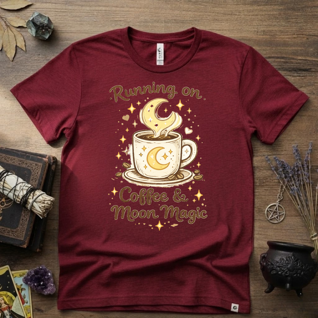 Witchy T-Shirt — Running on Coffee and Moon Magic"