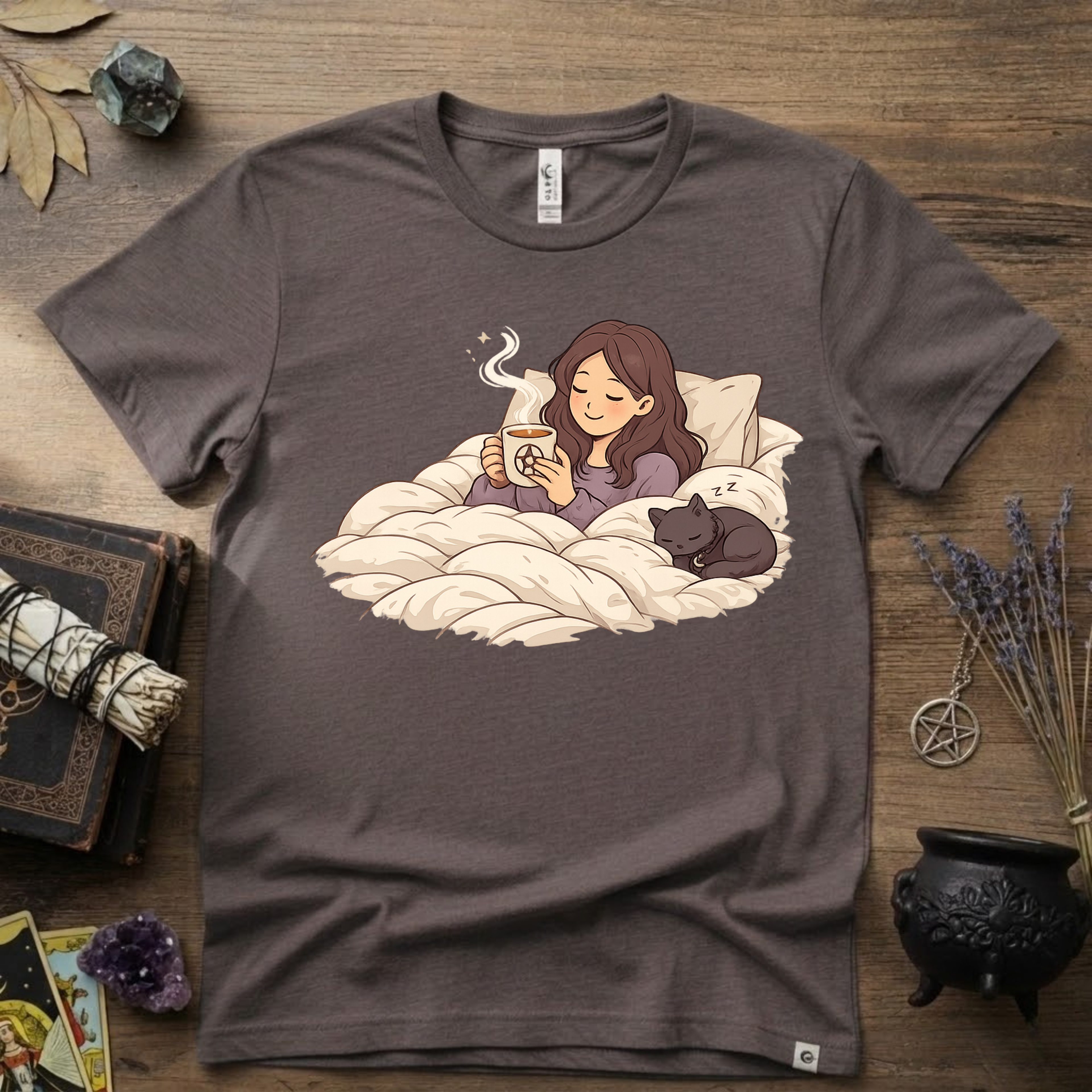 Familiar Snuggles Witchy T-Shirt — Cozy Cat Witch Tee