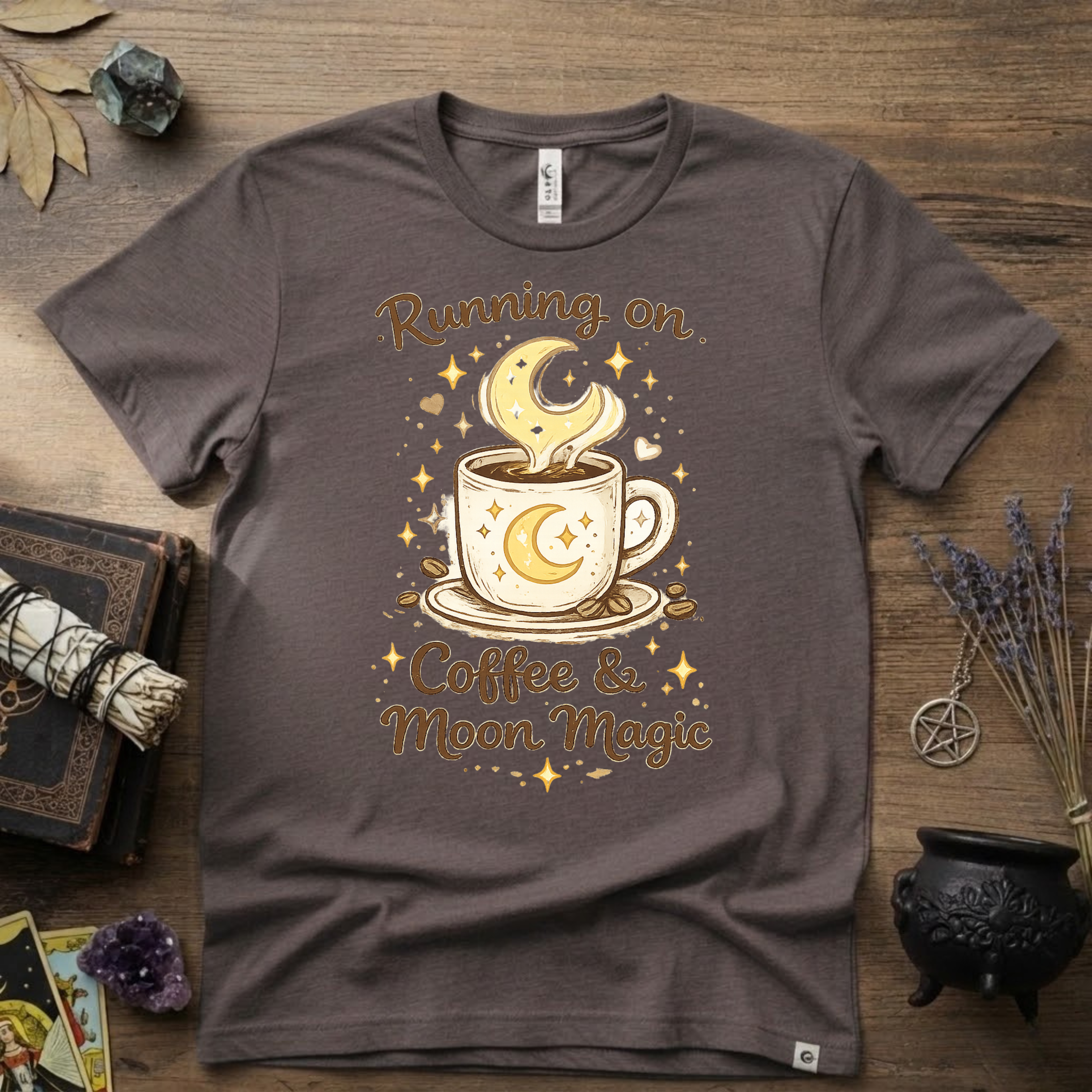 Witchy T-Shirt — Running on Coffee and Moon Magic"