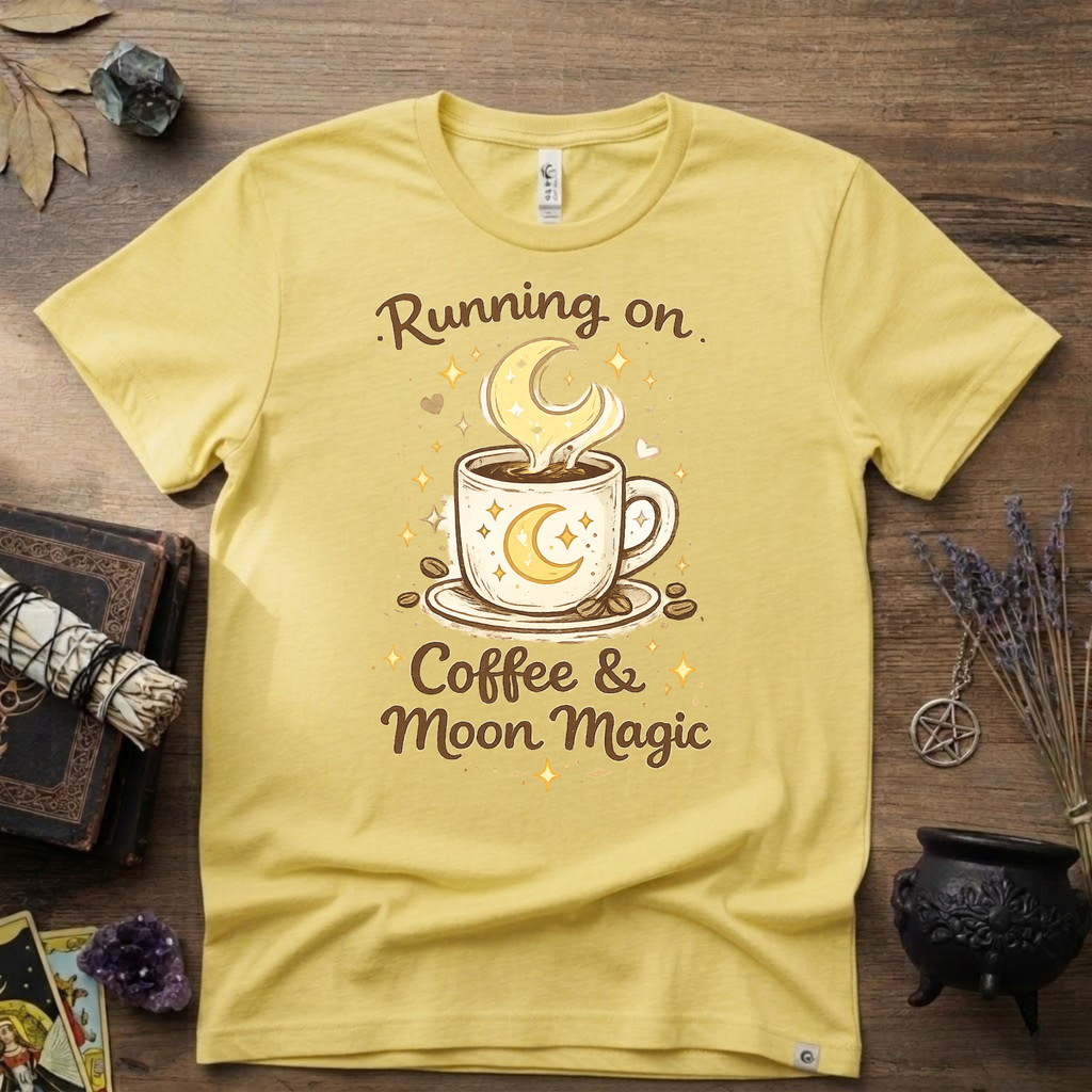Witchy T-Shirt — Running on Coffee and Moon Magic"