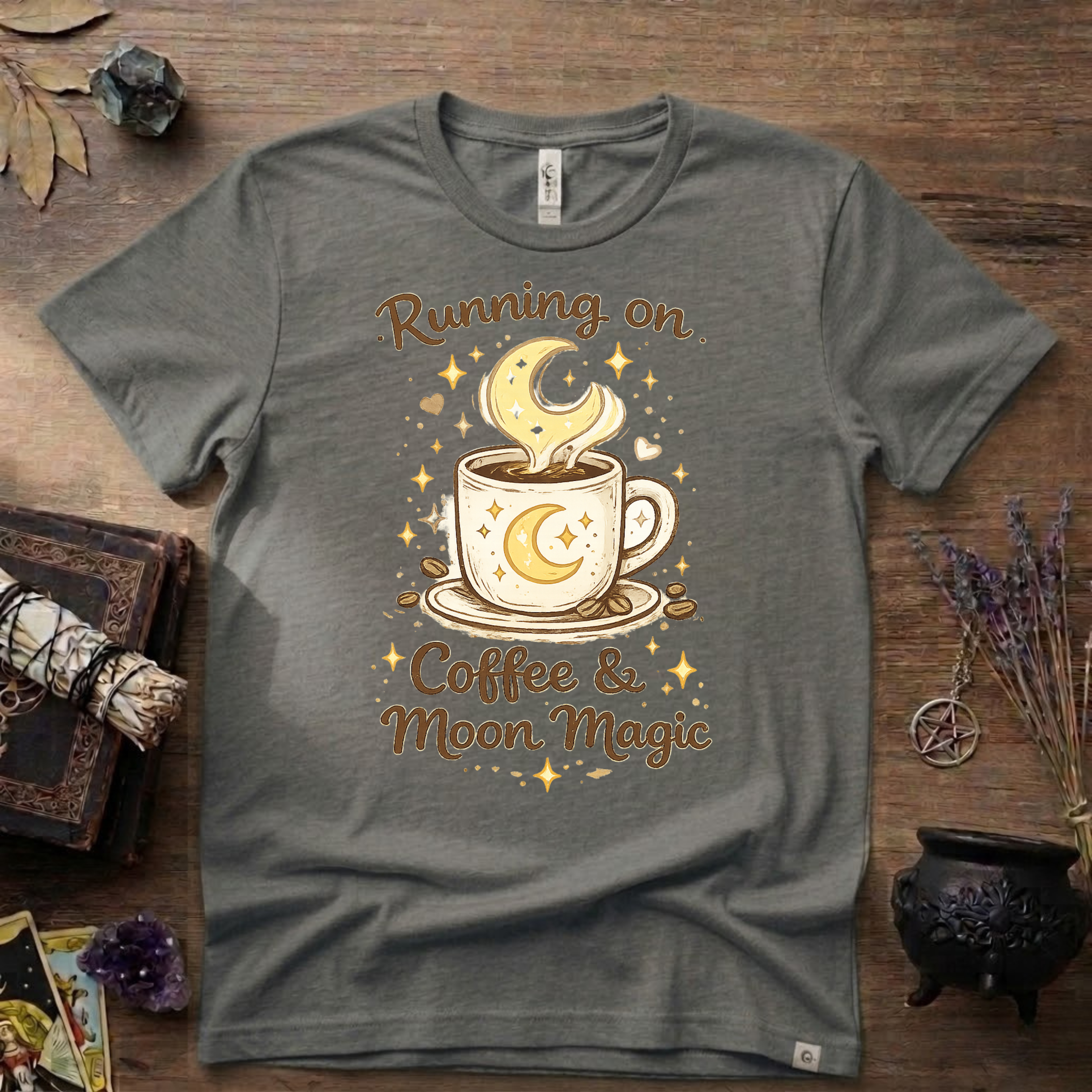Witchy T-Shirt — Running on Coffee and Moon Magic"