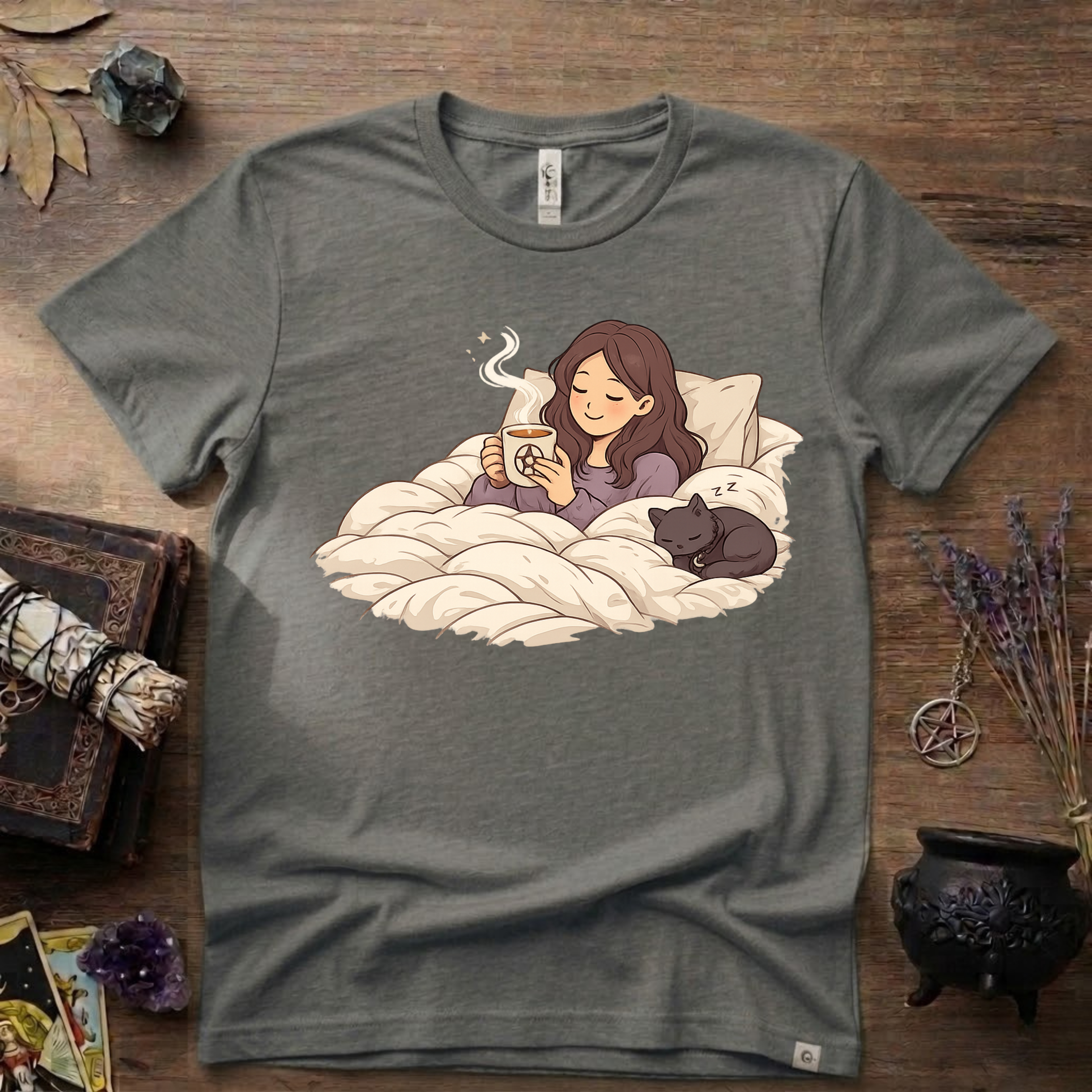 Familiar Snuggles Witchy T-Shirt — Cozy Cat Witch Tee