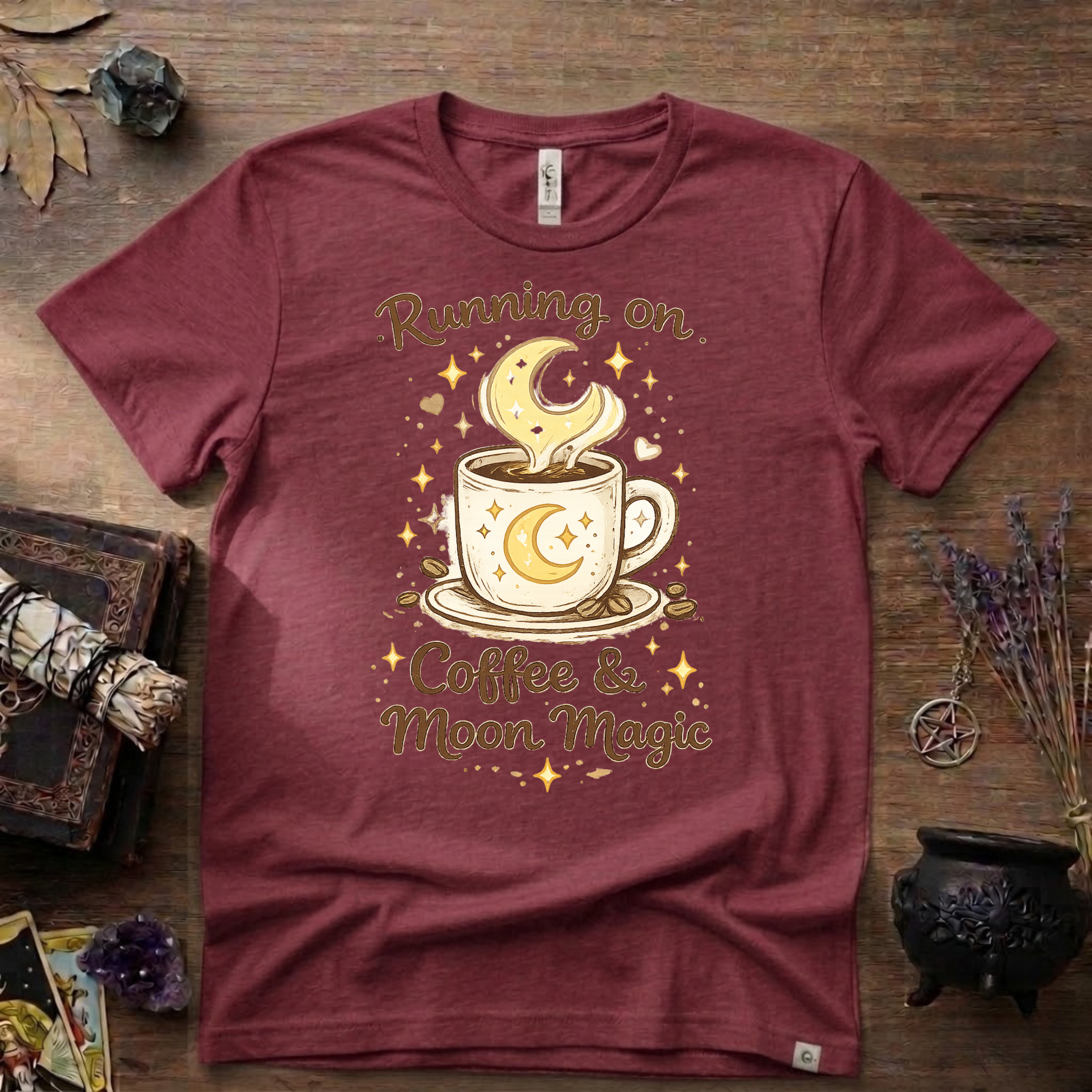 Witchy T-Shirt — Running on Coffee and Moon Magic"