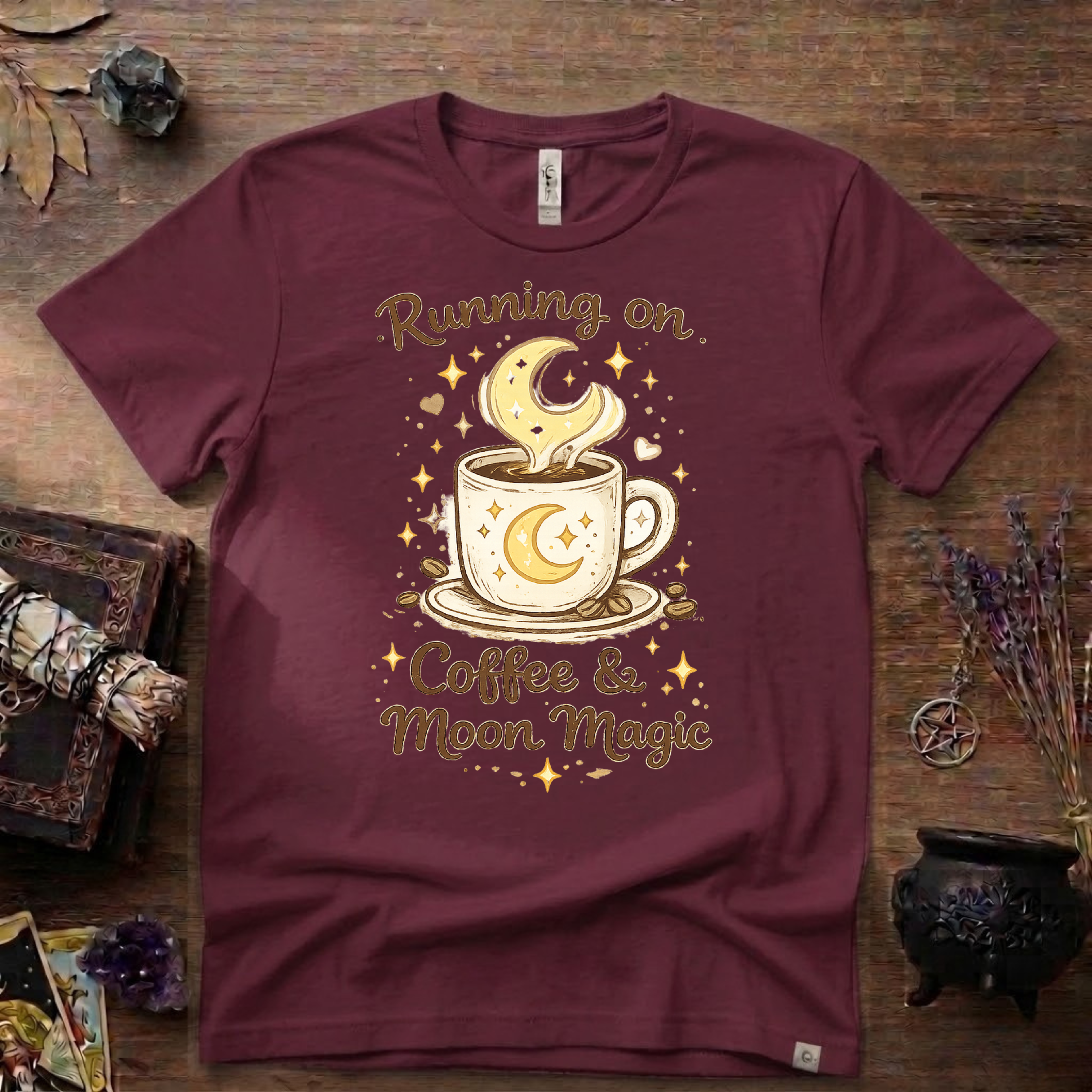 Witchy T-Shirt — Running on Coffee and Moon Magic"