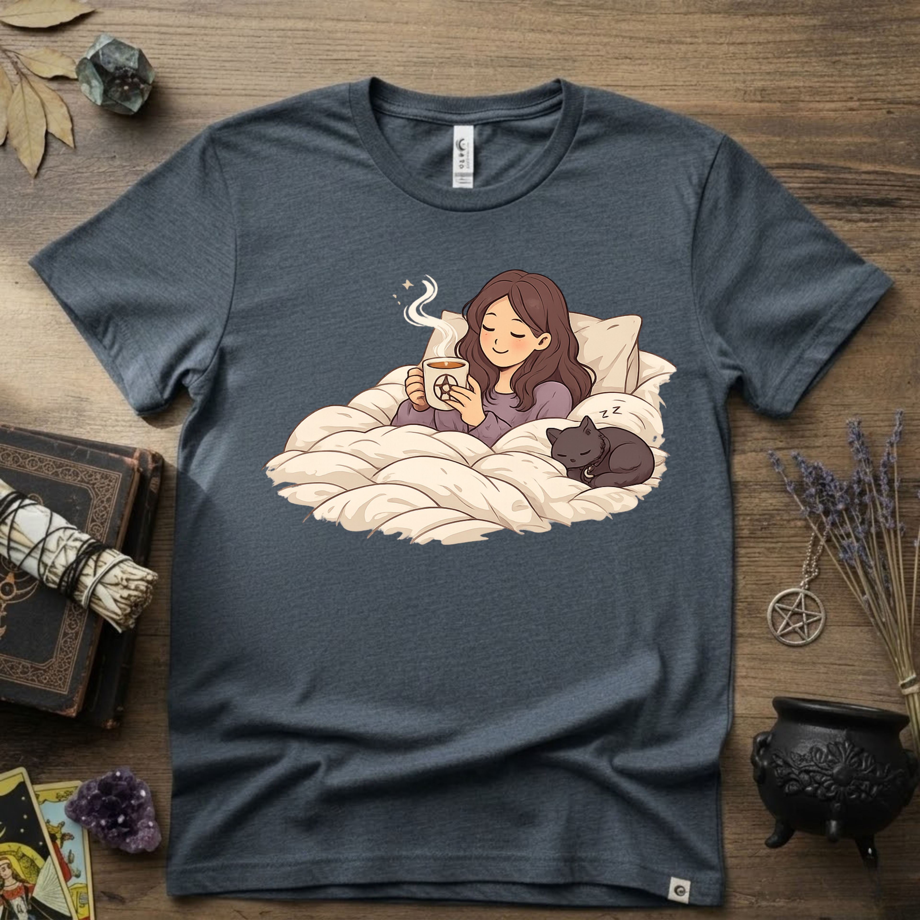 Familiar Snuggles Witchy T-Shirt — Cozy Cat Witch Tee