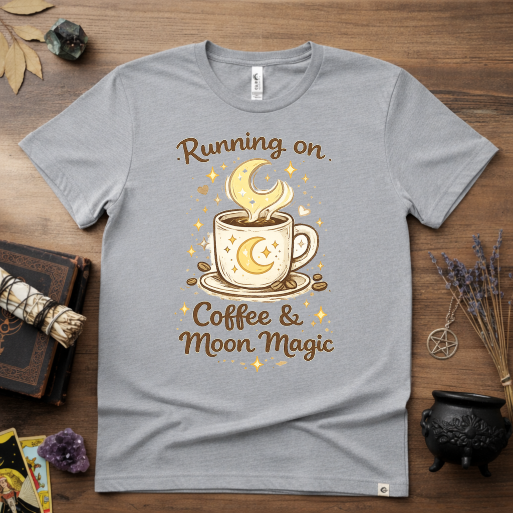 Witchy T-Shirt — Running on Coffee and Moon Magic"