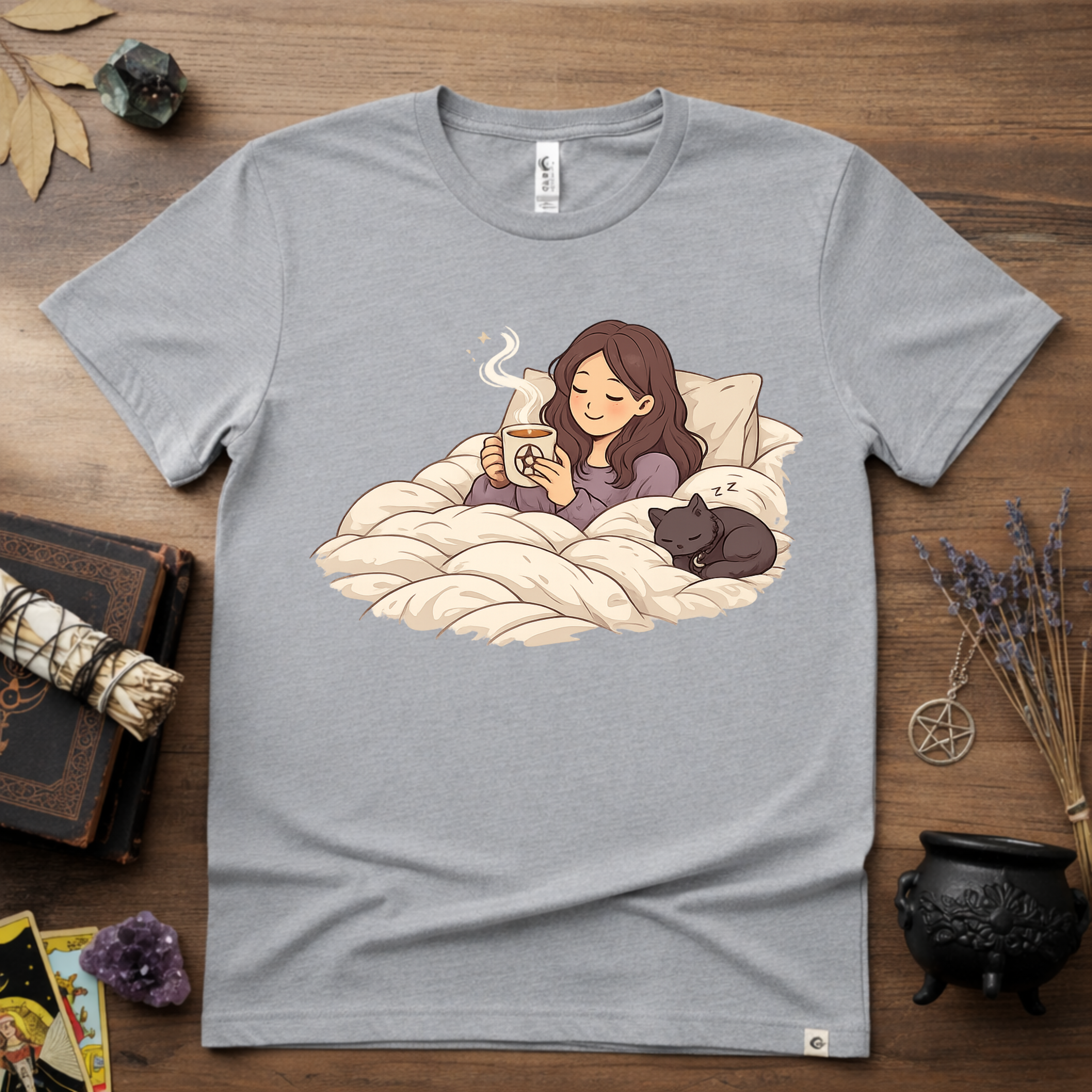 Familiar Snuggles Witchy T-Shirt — Cozy Cat Witch Tee
