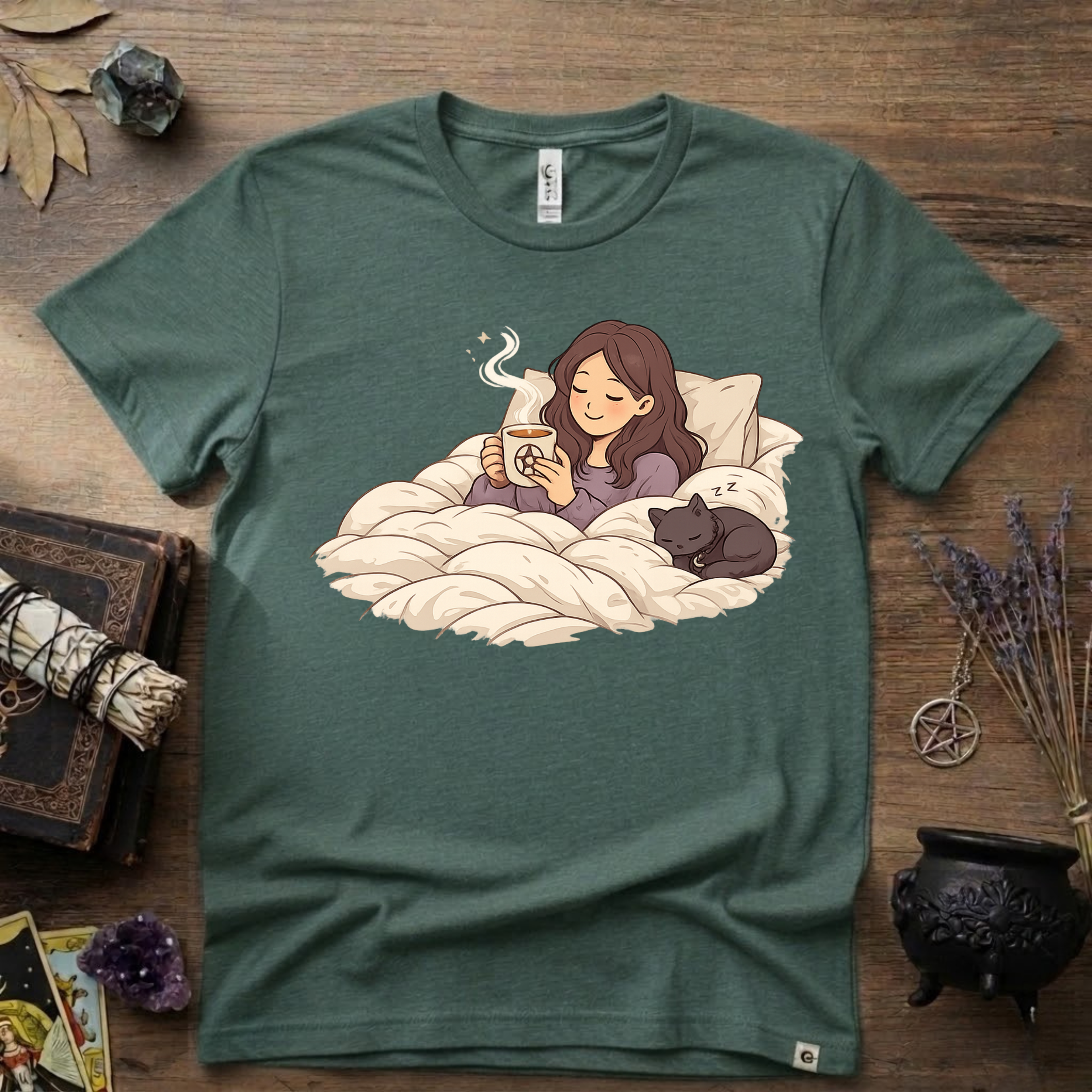 Familiar Snuggles Witchy T-Shirt — Cozy Cat Witch Tee
