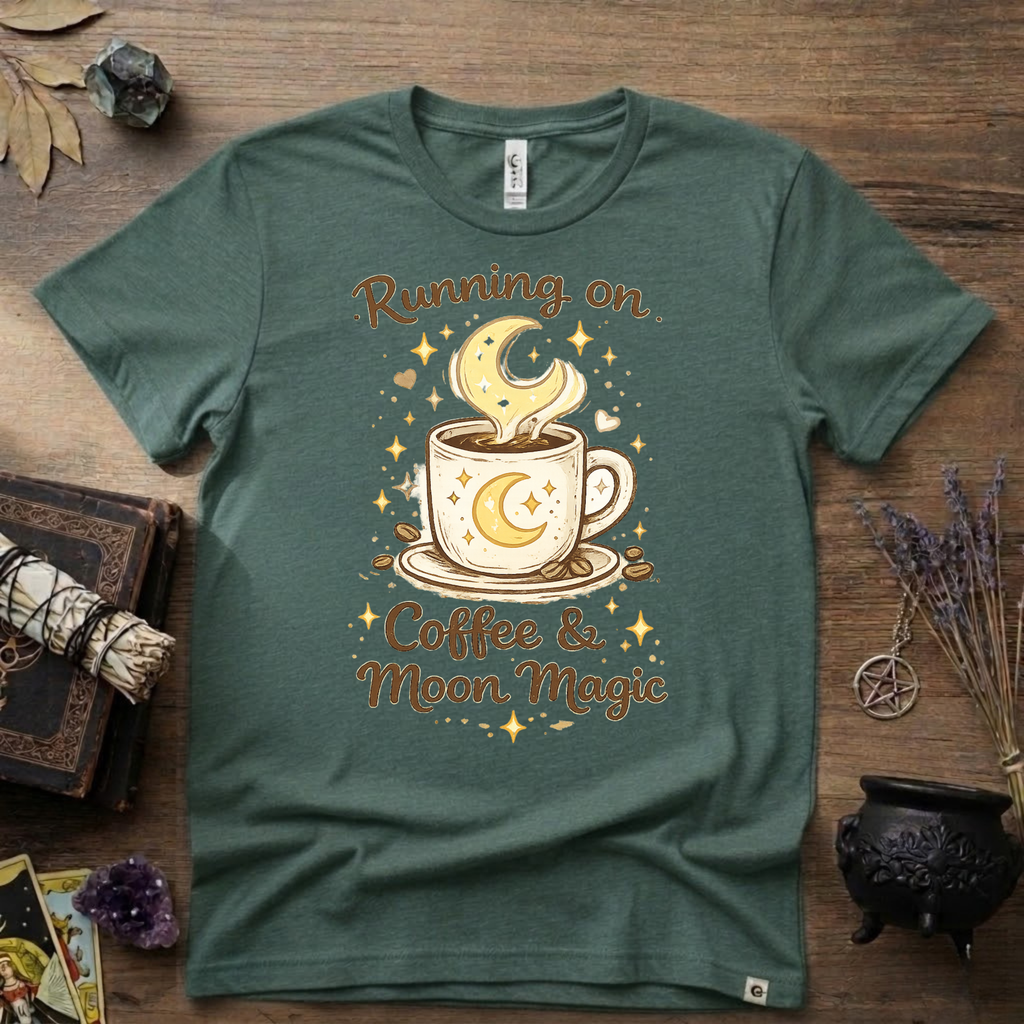 Witchy T-Shirt — Running on Coffee and Moon Magic"