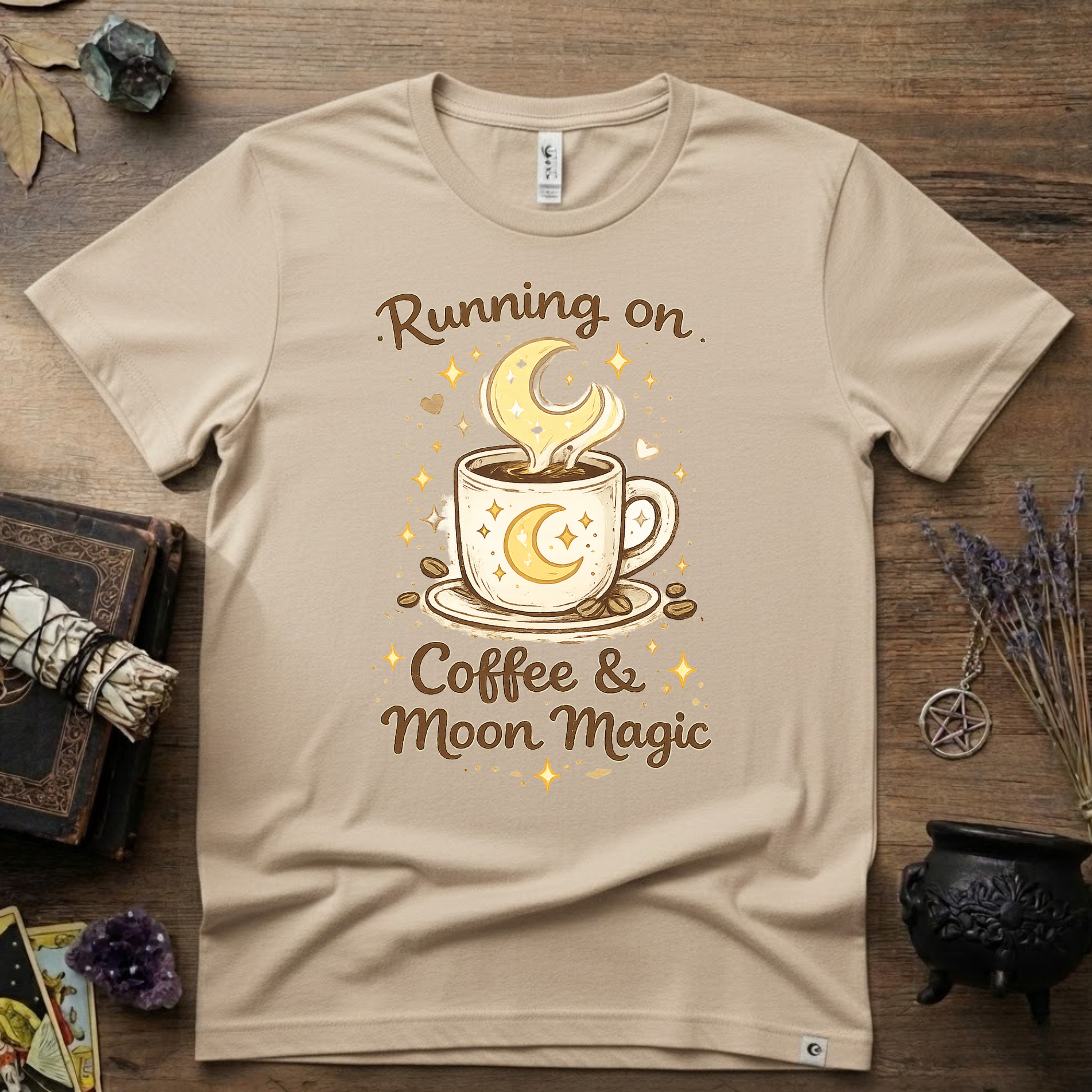 Witchy T-Shirt — Running on Coffee and Moon Magic"