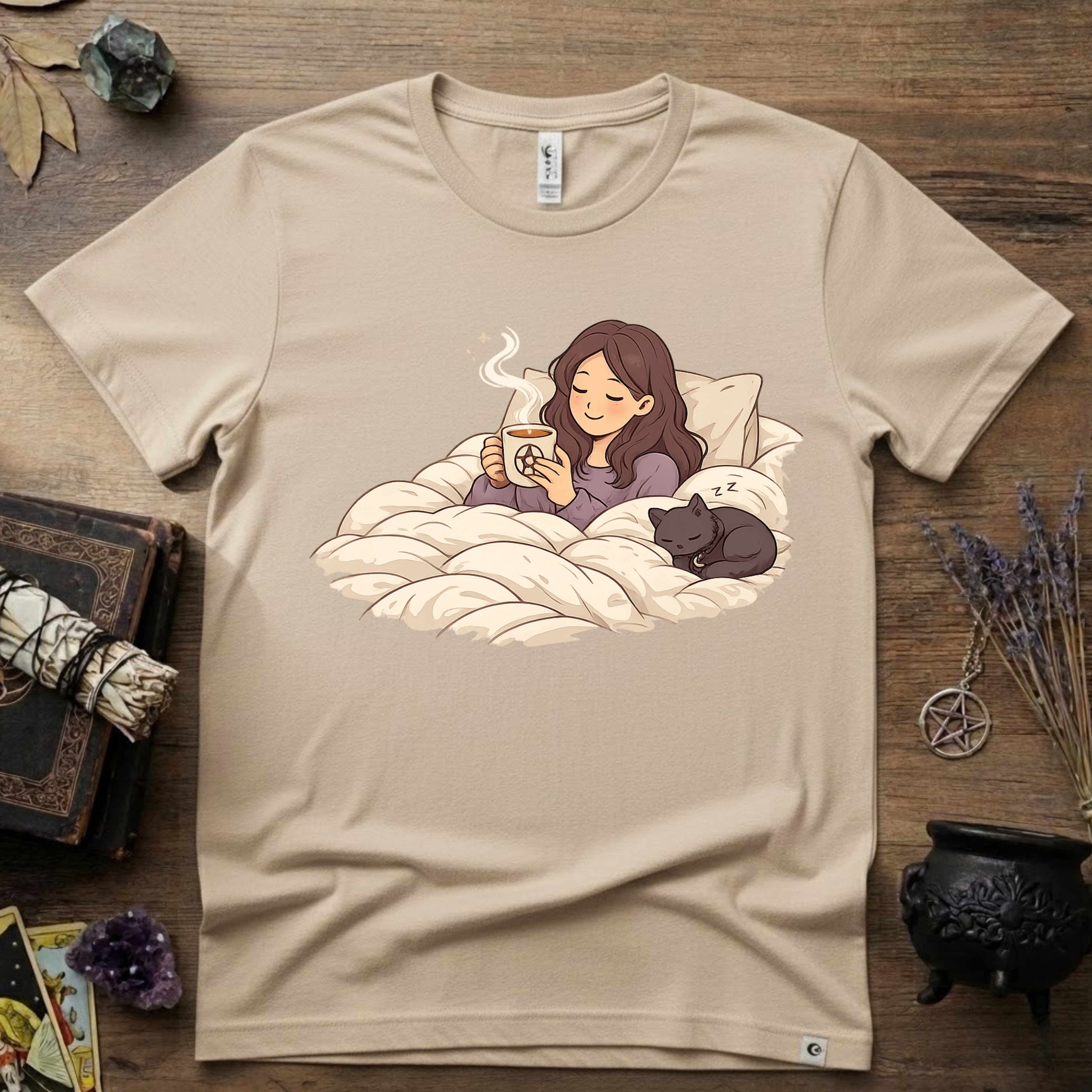 Familiar Snuggles Witchy T-Shirt — Cozy Cat Witch Tee