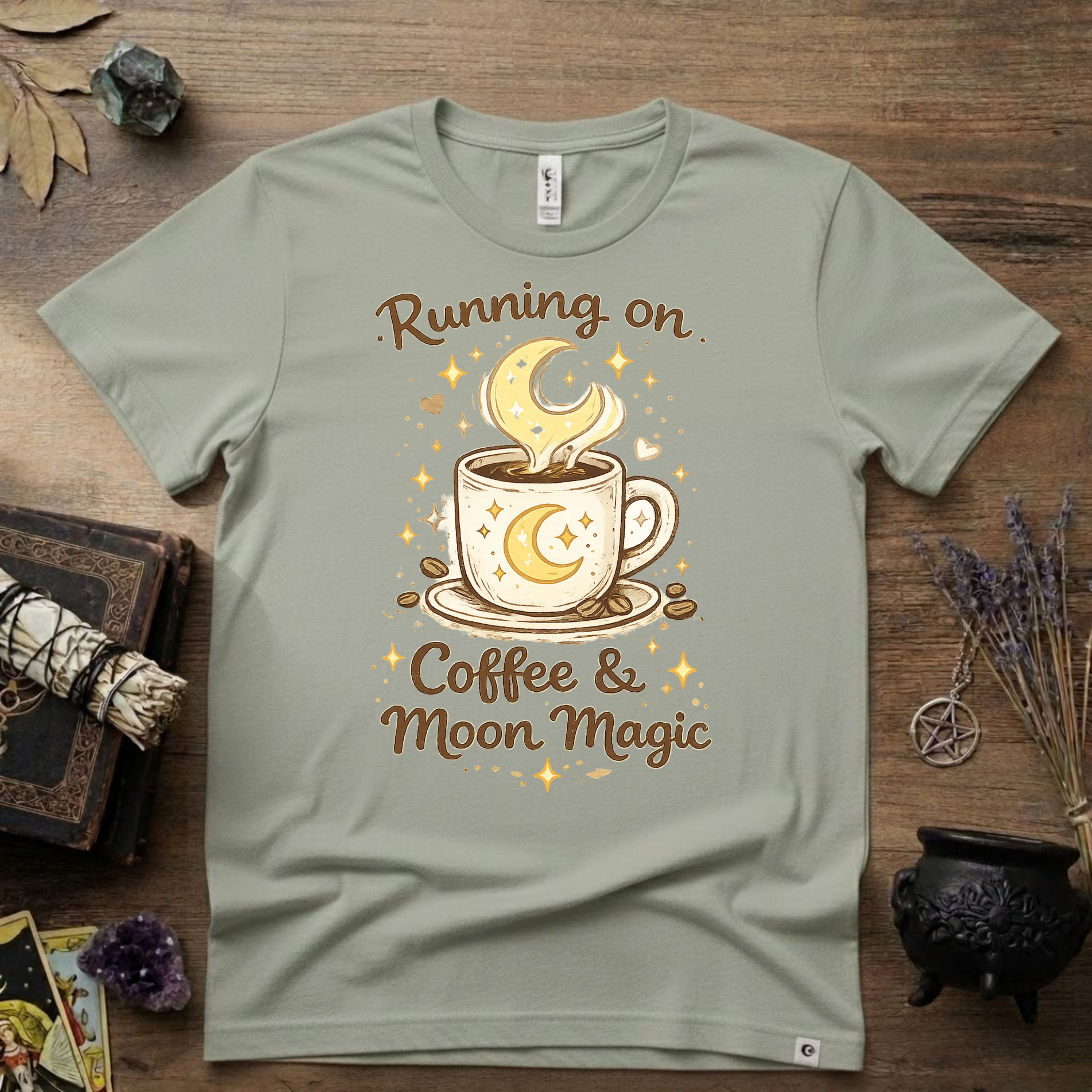 Witchy T-Shirt — Running on Coffee and Moon Magic"