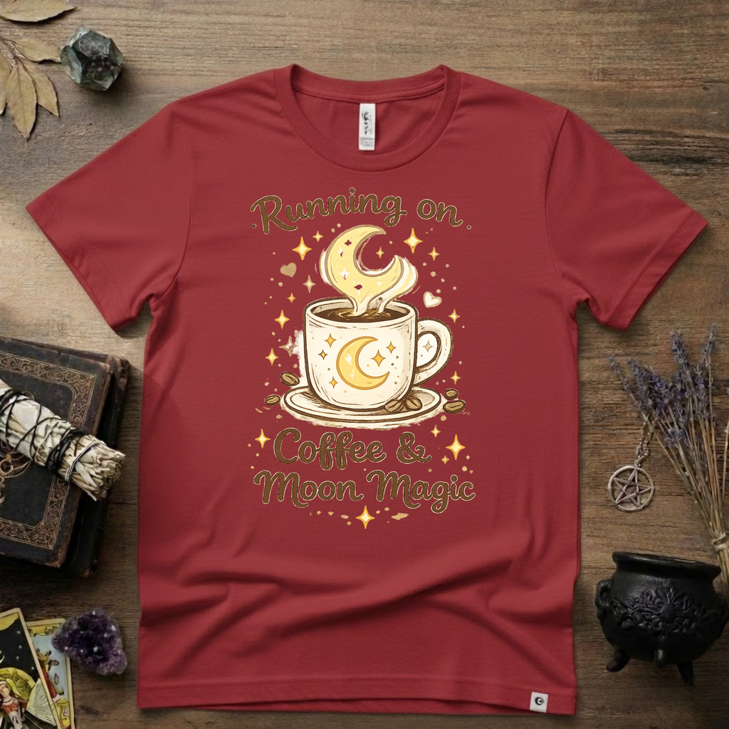 Witchy T-Shirt — Running on Coffee and Moon Magic"