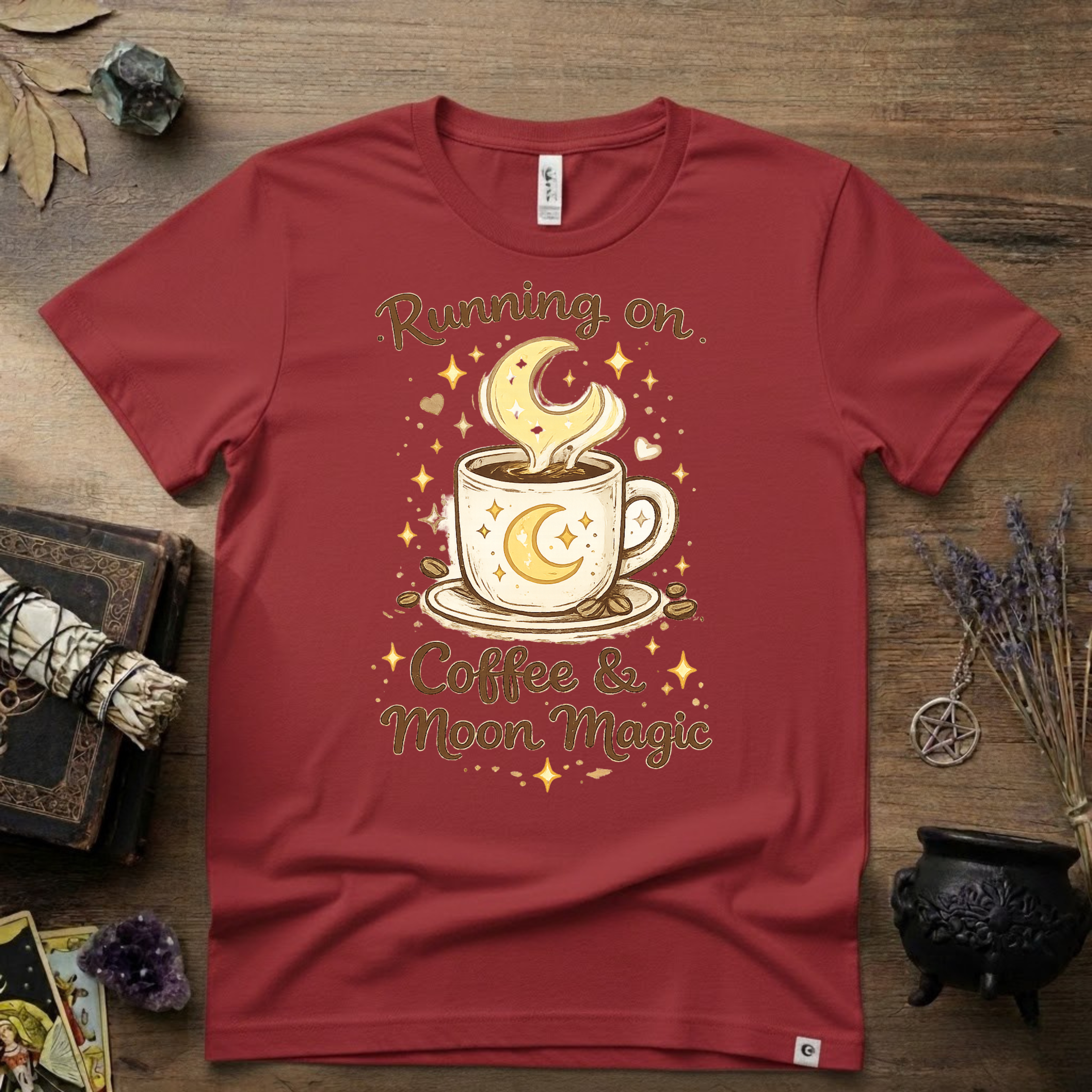 Witchy T-Shirt — Running on Coffee and Moon Magic"