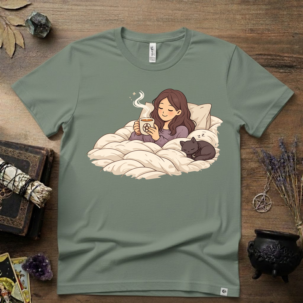 Familiar Snuggles Witchy T-Shirt — Cozy Cat Witch Tee