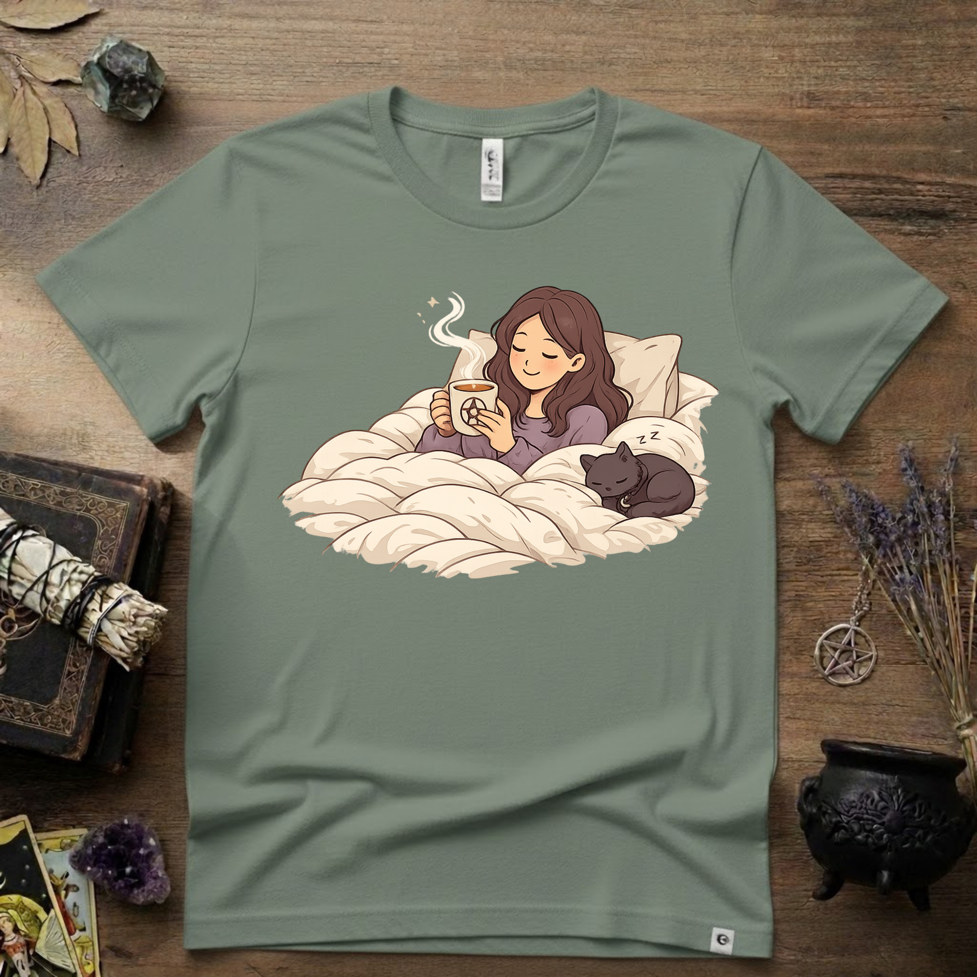 Familiar Snuggles Witchy T-Shirt — Cozy Cat Witch Tee