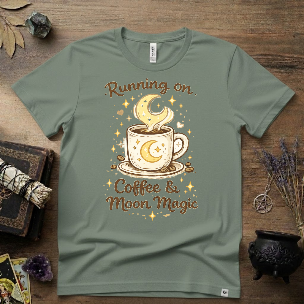Witchy T-Shirt — Running on Coffee and Moon Magic"