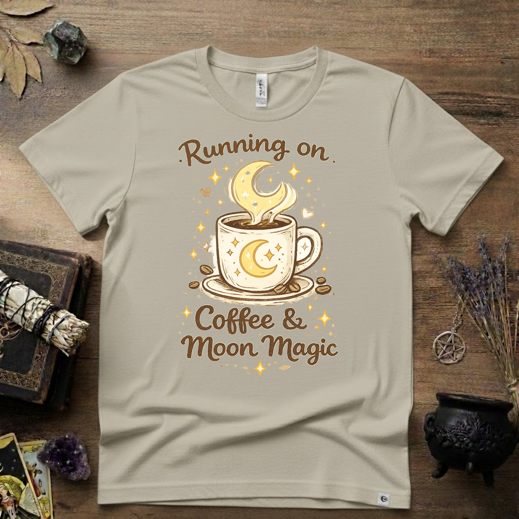 Witchy T-Shirt — Running on Coffee and Moon Magic"