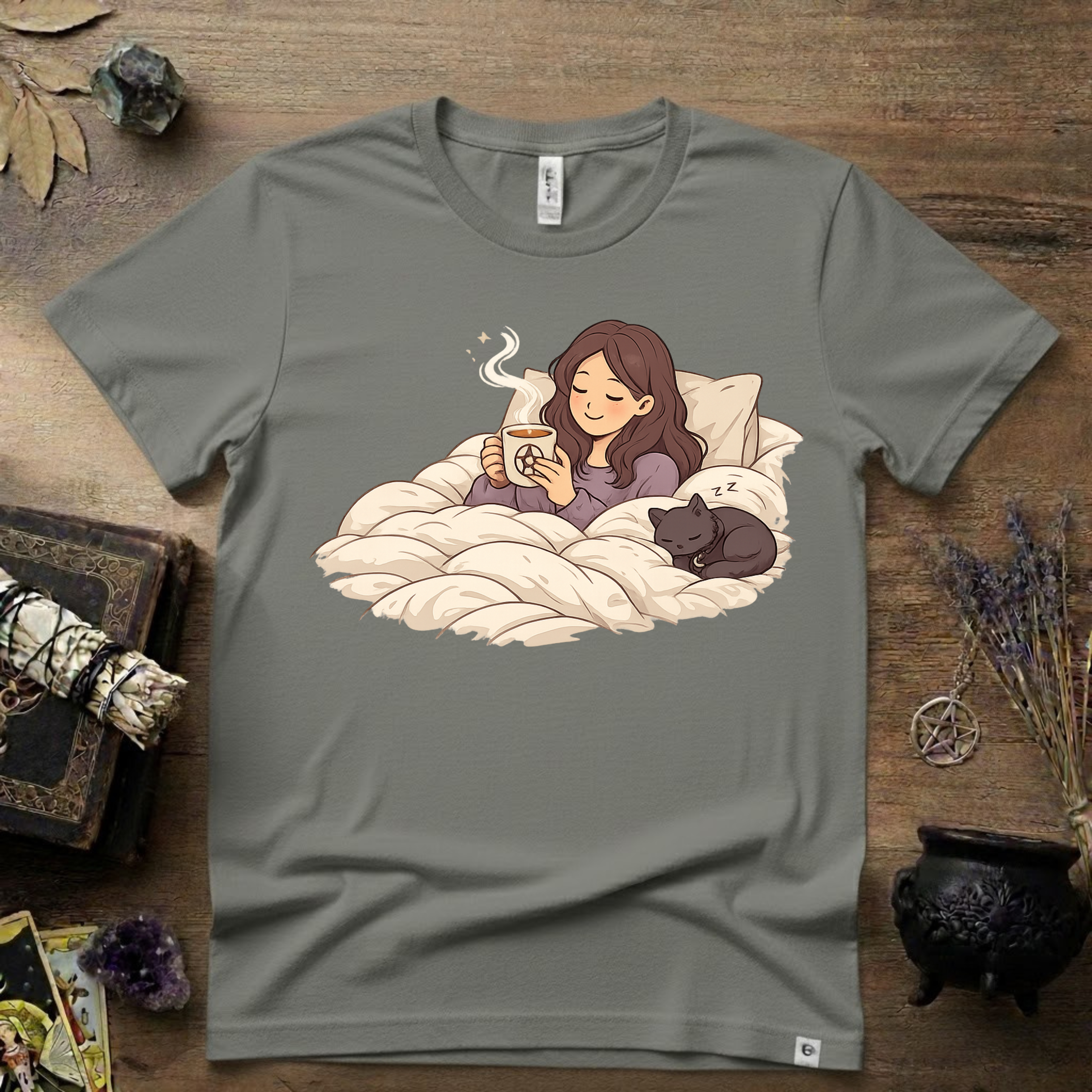 Familiar Snuggles Witchy T-Shirt — Cozy Cat Witch Tee