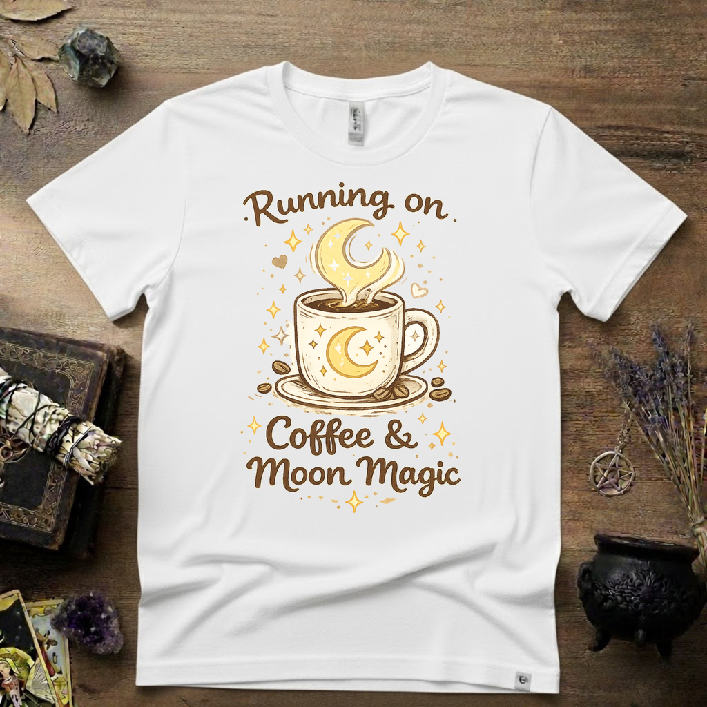Witchy T-Shirt — Running on Coffee and Moon Magic"