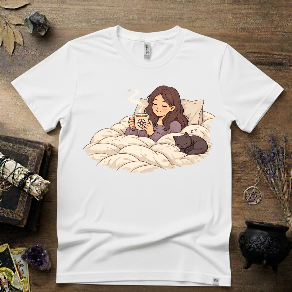 Familiar Snuggles Witchy T-Shirt — Cozy Cat Witch Tee