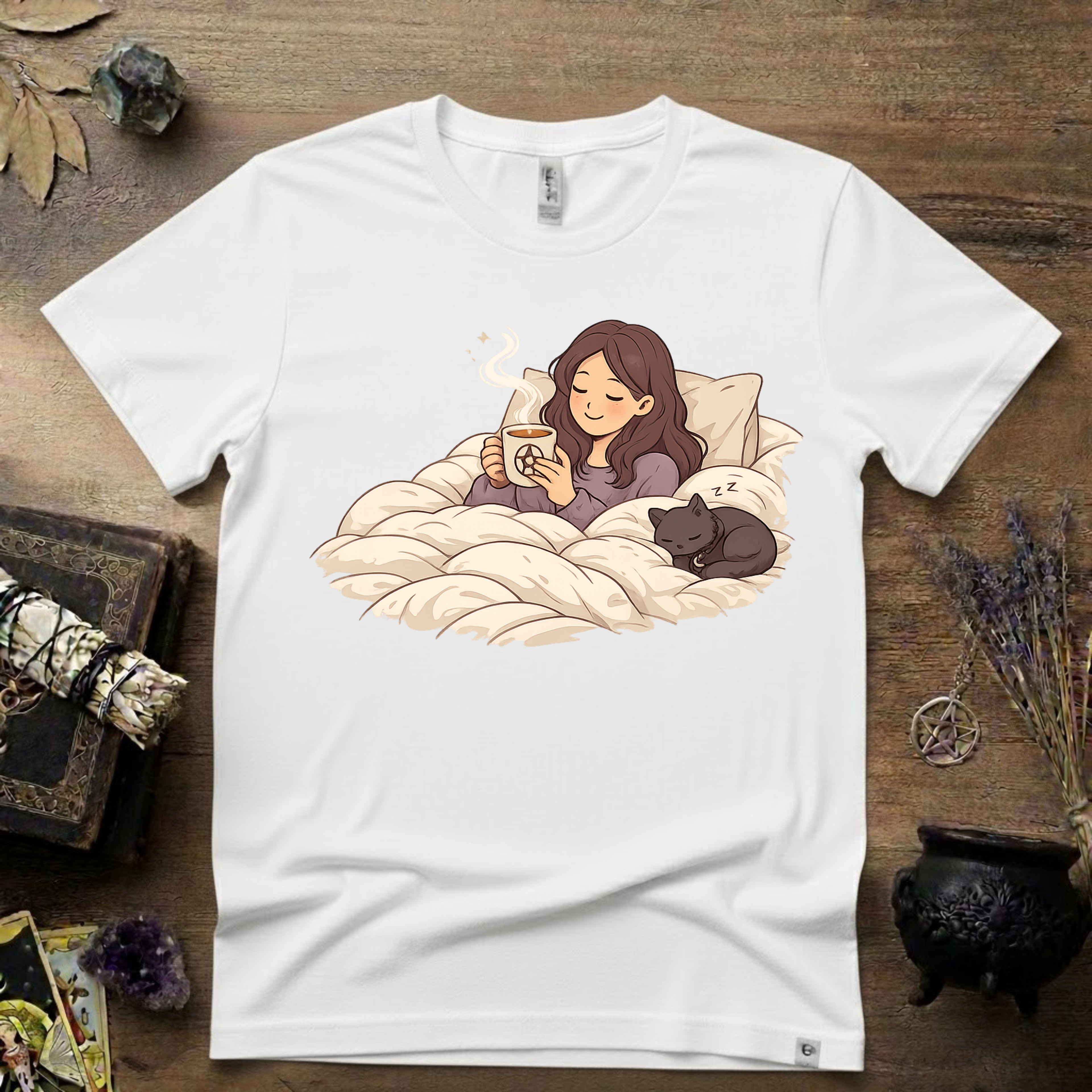 Familiar Snuggles Witchy T-Shirt — Cozy Cat Witch Tee